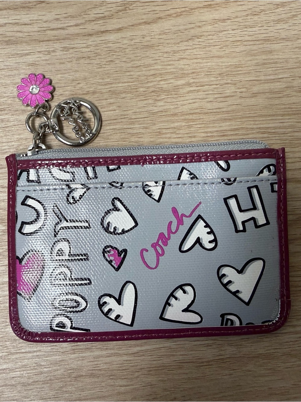 Coach Poppy Pink Silver Graffiti Heart Zip Card Case Coin Purse